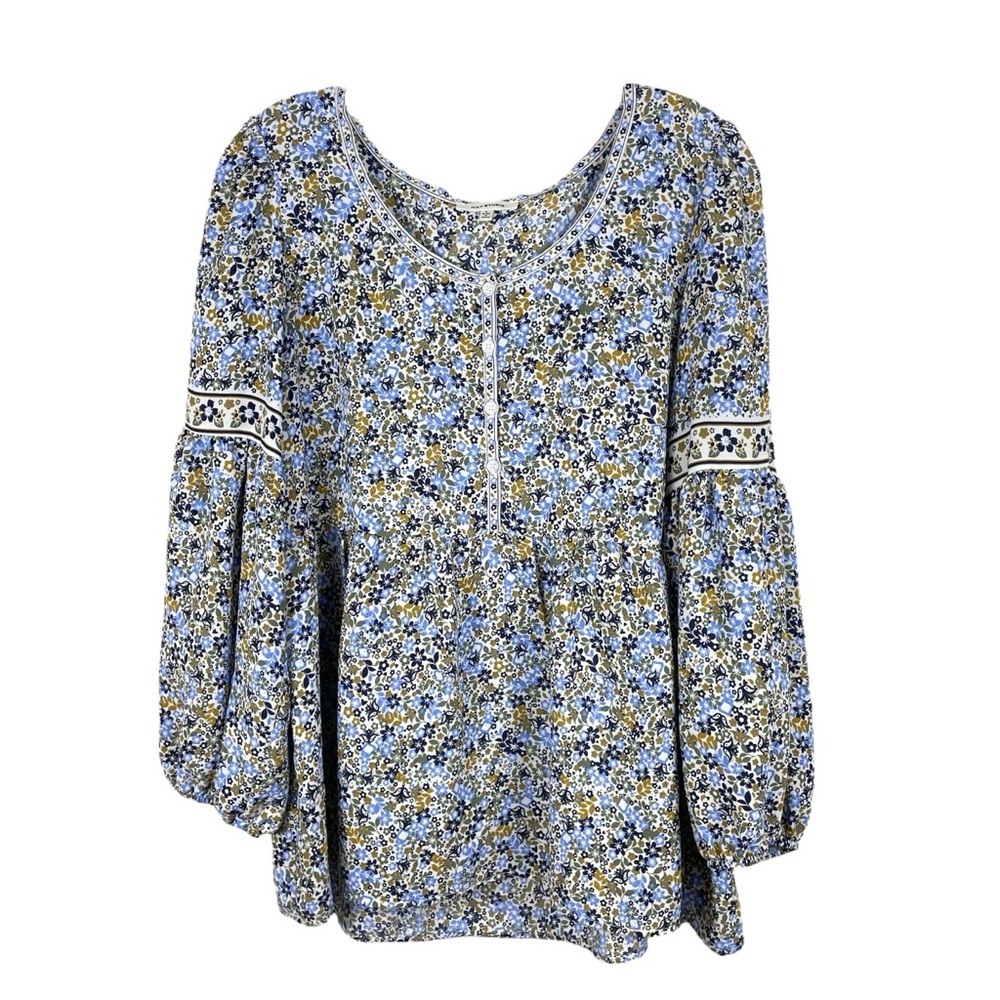 Max Studio Scandinavian/Ditsy Floral Print Peasant Blouse Blue + Green Size L